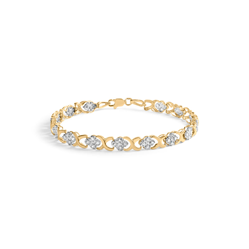 10K Yellow Gold 1.00 Cttw Diamond 5 Stone Floral Cluster and "X" Link 7" Bracelet (I-J Color, I3 Clarity)