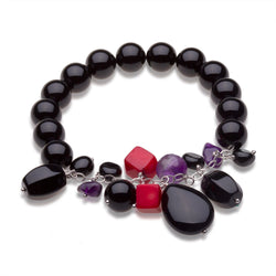 Sterling Silver 10MM Onyx, Amethyst & Coral Bead Stretch Bracelet