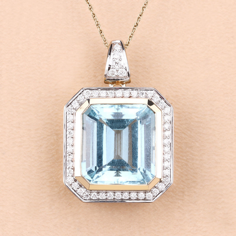 11.04 Carat Genuine Aquamarine and White Diamond 14K Yellow Gold Pendant