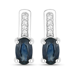 0.46 Carat Genuine Blue Sapphire and White Diamond 14K White Gold Earrings