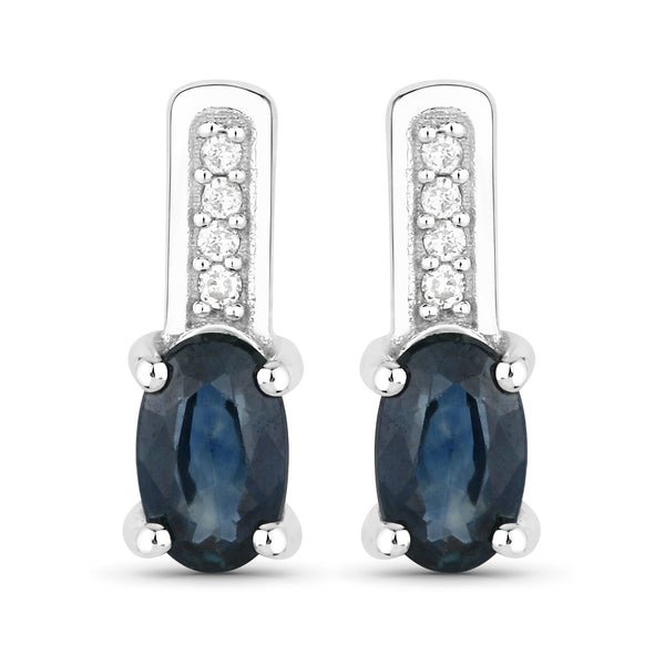 0.46 Carat Genuine Blue Sapphire and White Diamond 14K White Gold Earrings