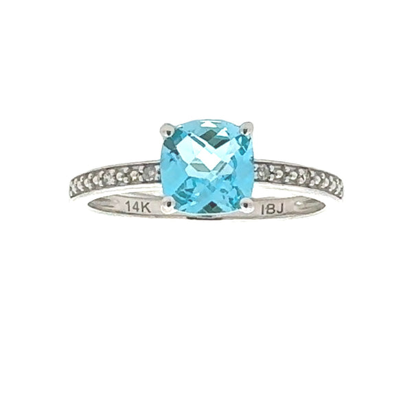 Genuine 1.22ct Blue Topaz Diamond Ring 14KT White Gold