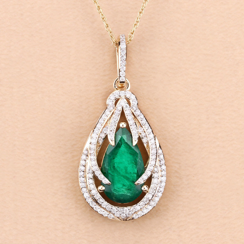 IGI Certified 2.71 Carat Genuine Zambian Emerald and White Diamond 14K Yellow Gold Pendant