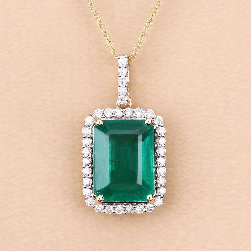 IGI Certified 3.54 Carat Genuine Zambian Emerald and White Diamond 14K Yellow Gold Pendant