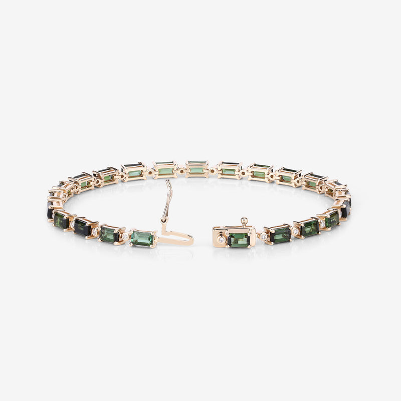 7.51 Carat Genuine Green Tourmaline and White Diamond 14K Yellow Gold Bracelet