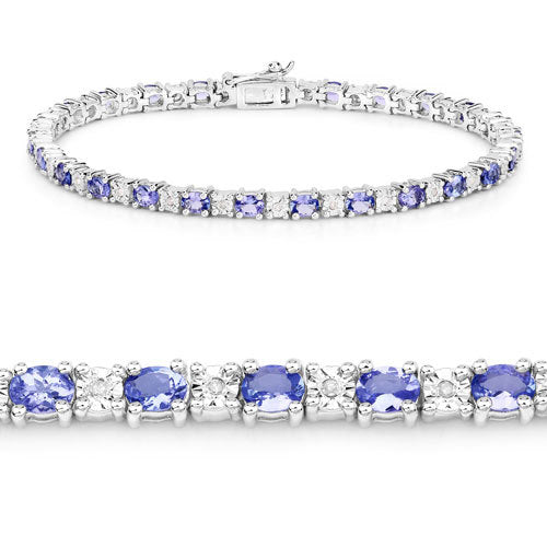 4.42 Carat Genuine Tanzanite and White Diamond .925 Sterling Silver Bracelet