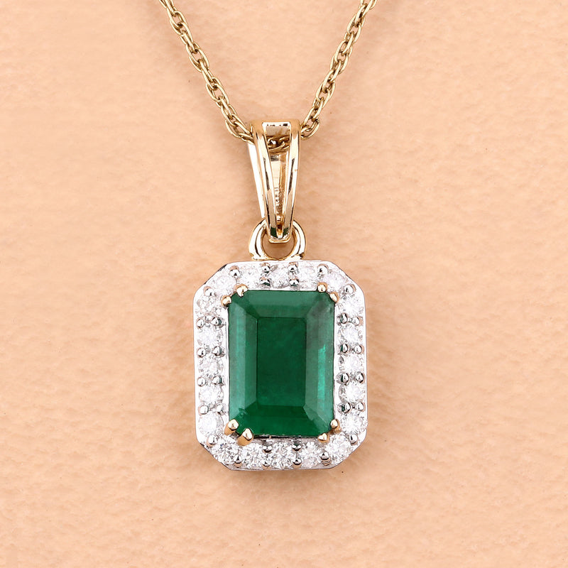 1.26 Carat Genuine Zambian Emerald and White Diamond 14K Yellow Gold Pendant