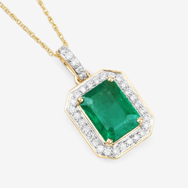 IGI Certified 2.63 Carat Genuine Zambian Emerald and White Diamond 14K Yellow Gold Pendant