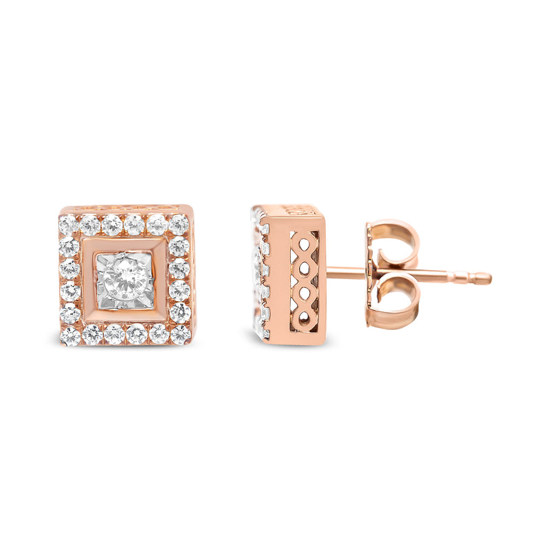 14K Rose Gold Plated .925 Sterling Silver 1/2 Cttw Diamond Halo Square-Shaped Frame Stud Earring (I-J Color, I3 Clarity)