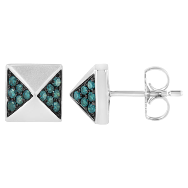 14K White Gold 1/4 Cttw Treated Blue Diamond Pyramid Stud Earring (Blue Color, SI1-SI2 Clarity)