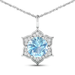 2.04 Carat Genuine Aquamarine and White Diamond 14K White Gold Pendant