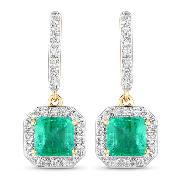 2.07 Carat Genuine Emerald and White Diamond 14K Yellow Gold Earrings