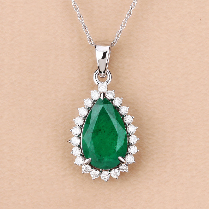 IGI Certified 3.07 Carat Genuine Zambian Emerald and White Diamond 14K White Gold Pendant