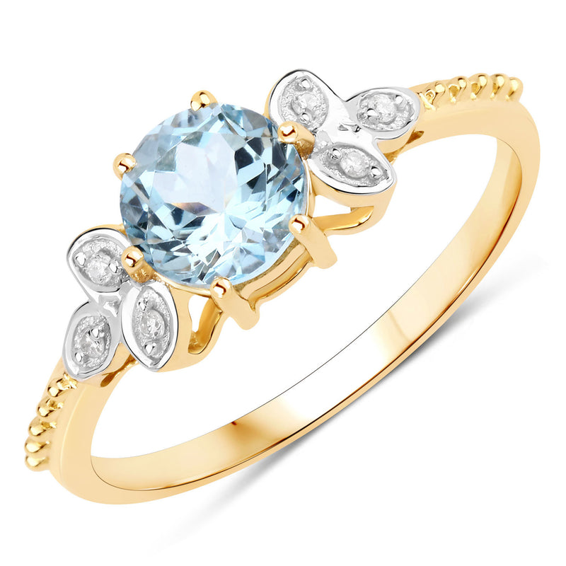 0.78 Carat Genuine Aquamarine and White Diamond 14K Yellow Gold Ring