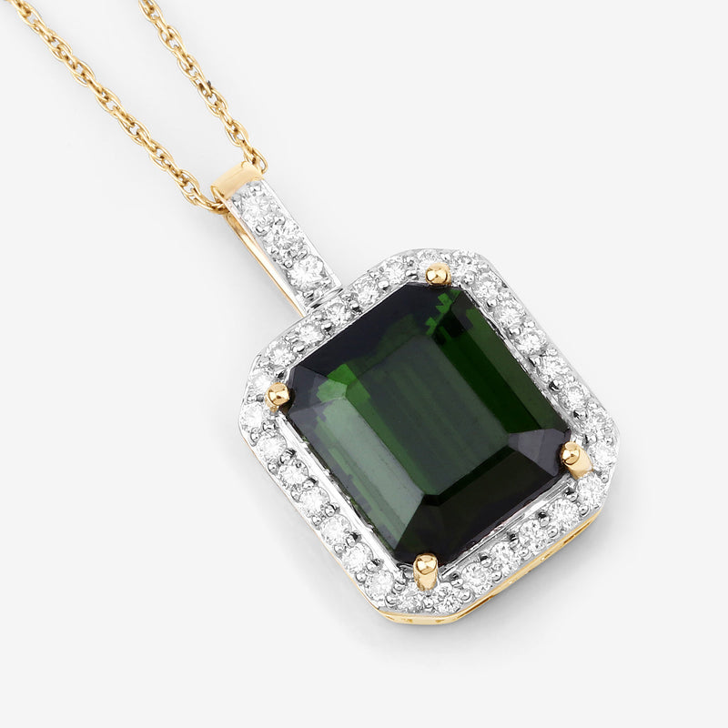 4.36 Carat Genuine Green Tourmaline and White Diamond 14K Yellow Gold Pendant