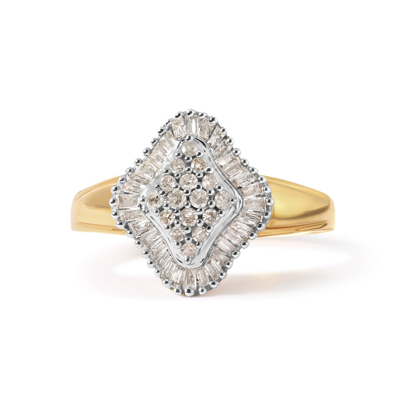 10K Yellow Gold 1/2 Cttw Round And Baguette-cut Diamond Rhombus Head and Halo Ring (I-J Color, I1-I2 Clarity) - Ring Size 7