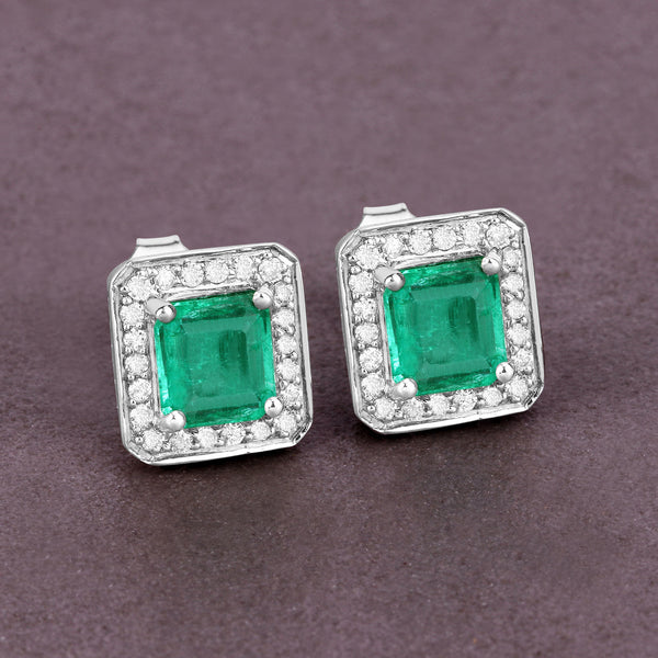 2.15 Carat Genuine Emerald and White Diamond 14K White Gold Earrings