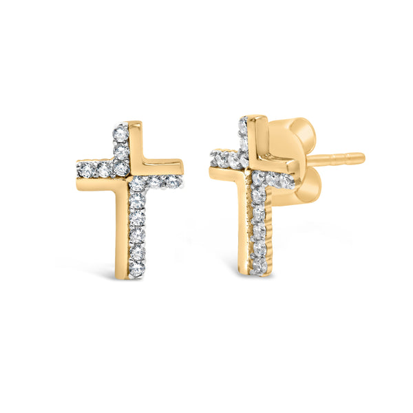 14K Yellow Gold Plated .925 Sterling Silver 1/10 Cttw Diamond Cross Stud Earring (I-J Color, I3 Clarity)