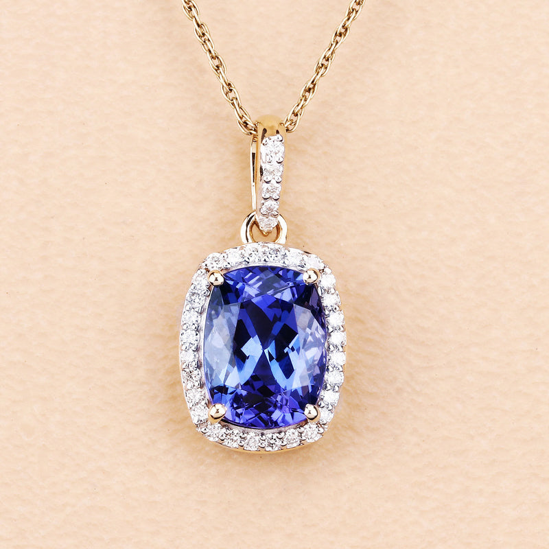 2.49 Carat Genuine Tanzanite and White Diamond 14K Yellow Gold Pendant