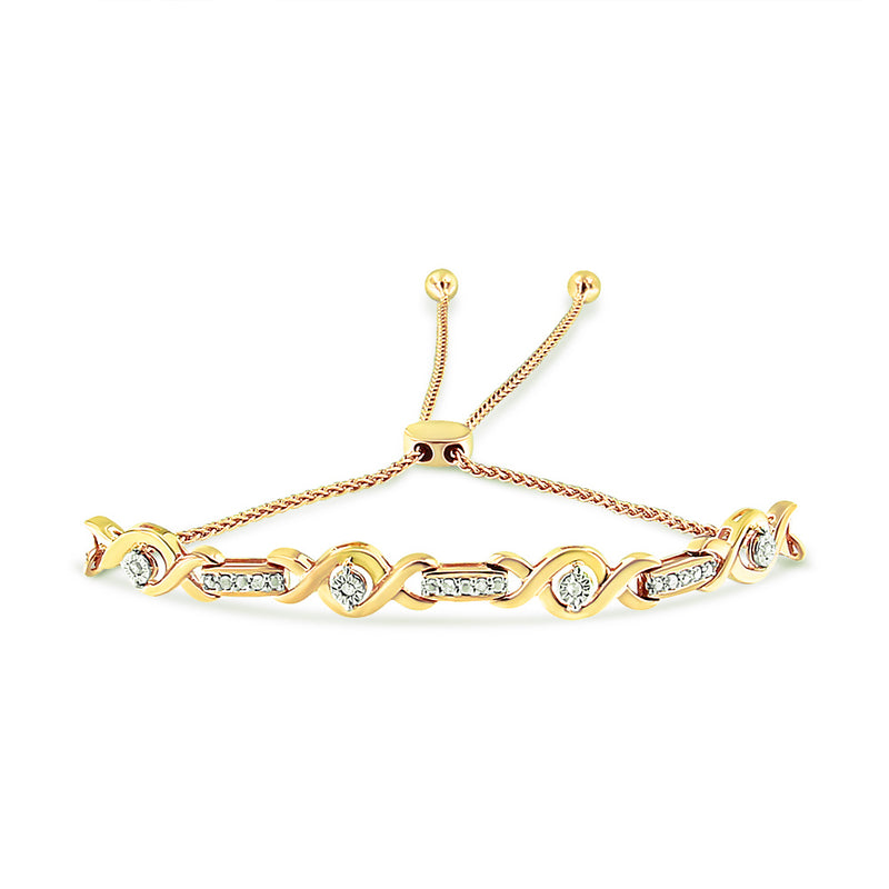 14K Yellow Gold Plated .925 Sterling Silver Channel Set Diamond Accent Twist 4”-10” Adjustable Bolo Bracelet (I-J Color, I3 Clarity)