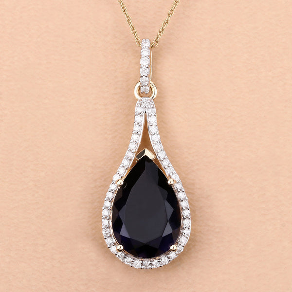 5.42 Carat Genuine Iolite and White Diamond 14K Yellow Gold Pendant