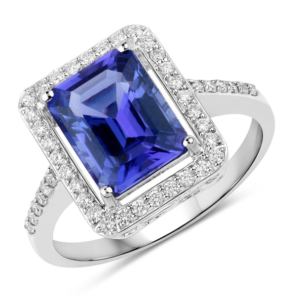 3.18 Carat Genuine Tanzanite and White Diamond 14K White Gold Ring