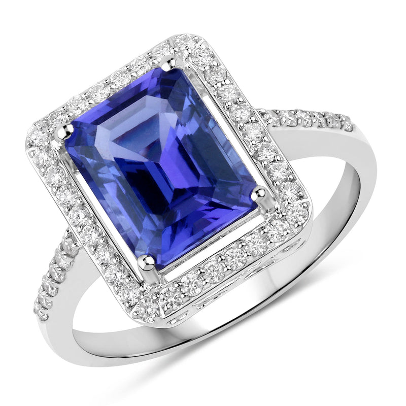 3.18 Carat Genuine Tanzanite and White Diamond 14K White Gold Ring