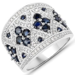 1.85 Carat Genuine Blue Sapphire and White Diamond .925 Sterling Silver Ring