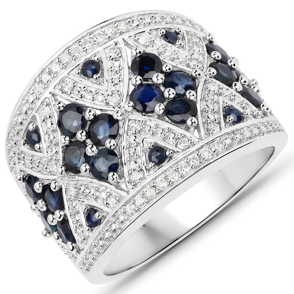 1.85 Carat Genuine Blue Sapphire and White Diamond .925 Sterling Silver Ring