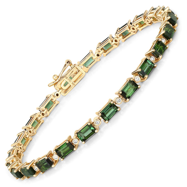 7.51 Carat Genuine Green Tourmaline and White Diamond 14K Yellow Gold Bracelet