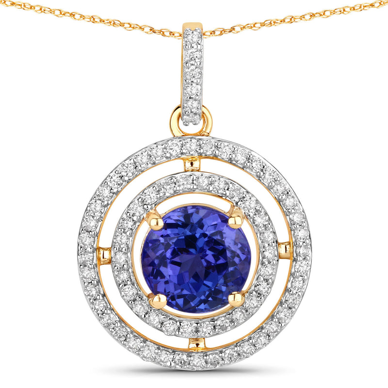 2.41 Carat Genuine Tanzanite and White Diamond 14K Yellow Gold Pendant