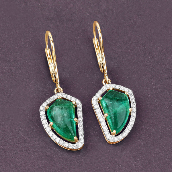 7.56 Carat Genuine Colombian Emerald and White Diamond 14K Yellow Gold Earrings