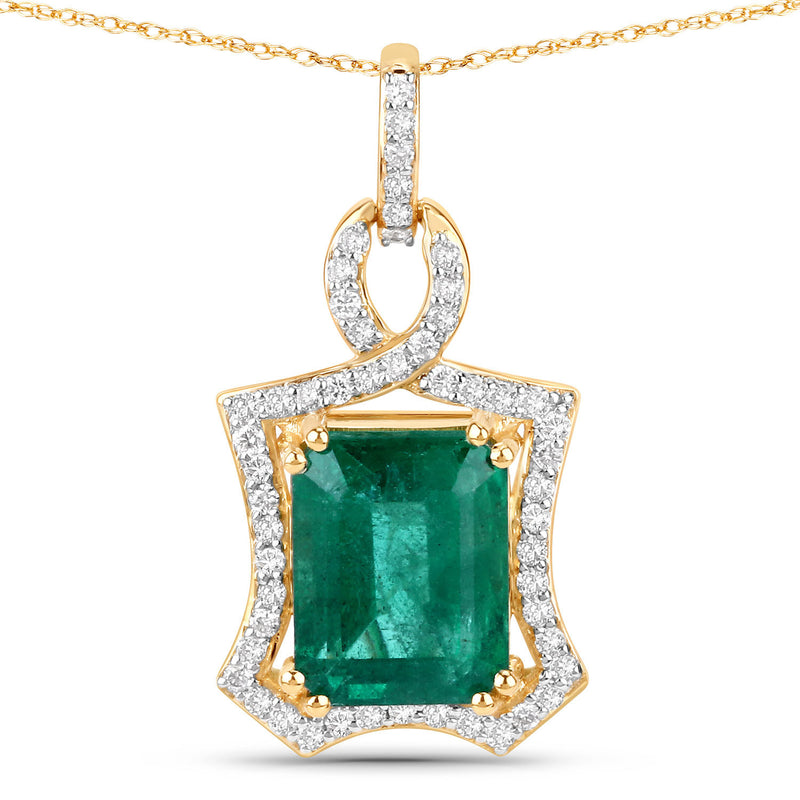 IGI Certified 3.38 Carat Genuine Zambian Emerald and White Diamond 14K Yellow Gold Pendant