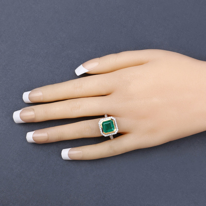 IGI Certified 3.78 Carat Genuine Zambian Emerald and White Diamond 14K Yellow & White Gold Ring