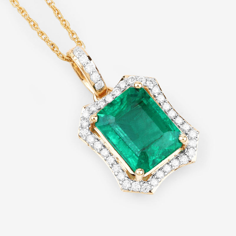 IGI Certified 2.45 Carat Genuine Zambian Emerald and White Diamond 14K Yellow Gold Pendant