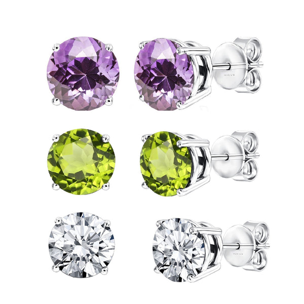 V3 Jewelry Sterling Silver Set of 3 -Natural Peridot, Amethyst and White Topaz Stud Earrings