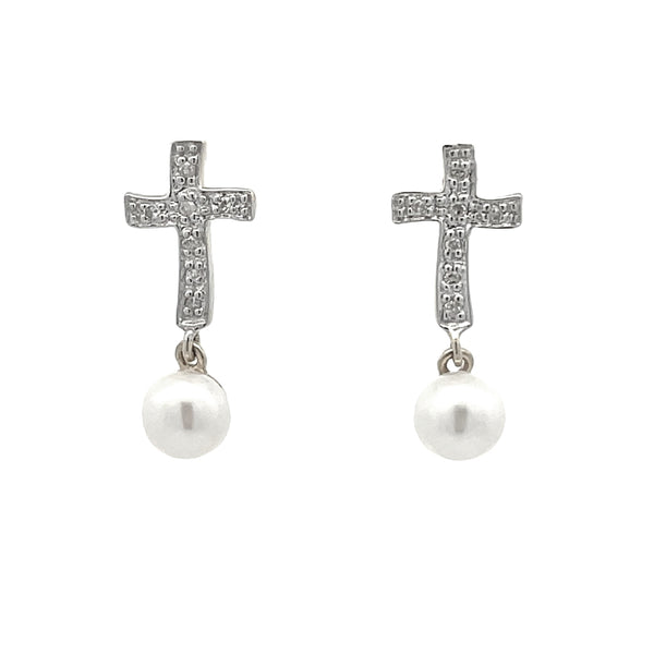 .01ct FW Pearl Diamond Cross Earrings Sterling Silver