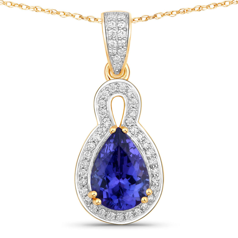 2.25 Carat Genuine Tanzanite and White Diamond 14K Yellow Gold Pendant