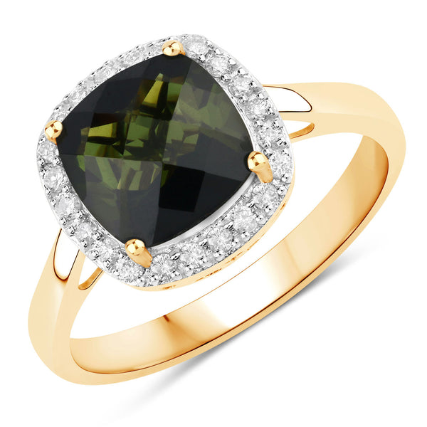 2.64 Carat Genuine Green Tourmaline and White Diamond 14K Yellow Gold Ring