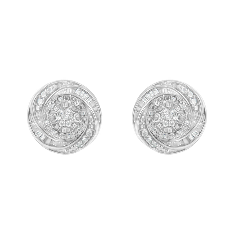 .925 Sterling Silver 1/4 Cttw Baguette and Round Diamond Swirl Love Knot Stud Earrings (I-J Color, I3 Clarity)