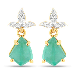 2.59 Carat Genuine Colombian Emerald and White Diamond 14K Yellow Gold Earrings