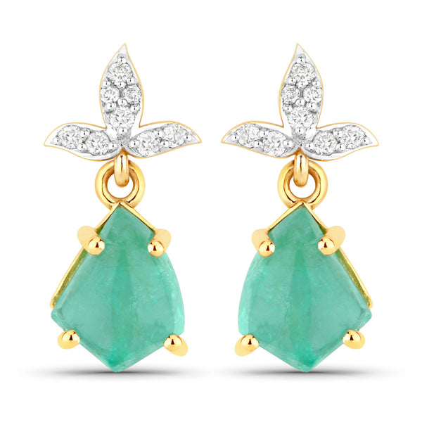 2.59 Carat Genuine Colombian Emerald and White Diamond 14K Yellow Gold Earrings