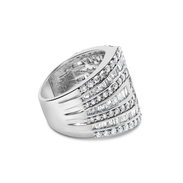 10K White Gold 2 1/2 Cttw Round and Baguette-Cut Diamond Multi-Row Bypass Ring (J-K Color, I2-I3 Clarity) - Ring Size 7