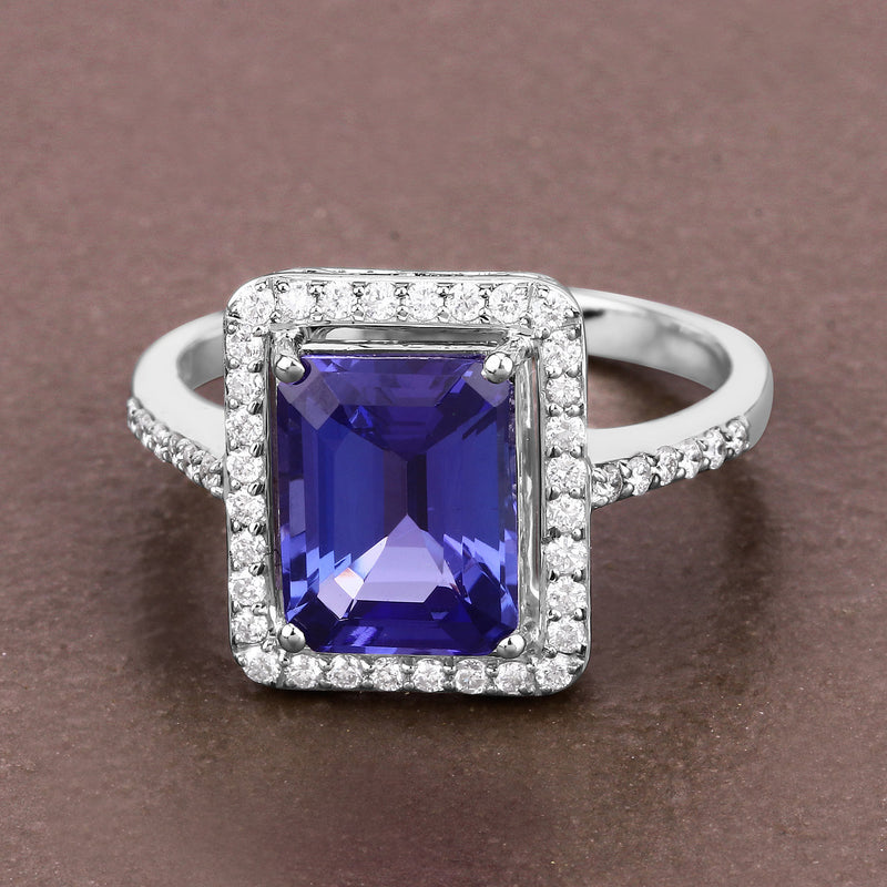 3.18 Carat Genuine Tanzanite and White Diamond 14K White Gold Ring