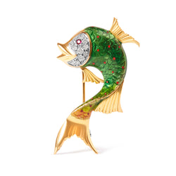 18K Yellow Gold and Green Enamel Diamond and Pink Sapphire Fish Brooch Pin (H-I Color, VS2-SI1 Clarity)