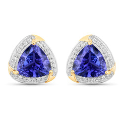 3.70 Carat Genuine Tanzanite and White Diamond 14K Yellow Gold Earrings