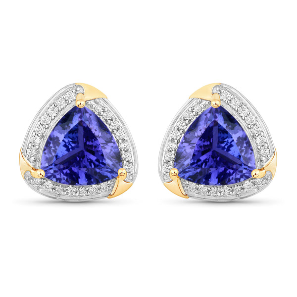 3.70 Carat Genuine Tanzanite and White Diamond 14K Yellow Gold Earrings