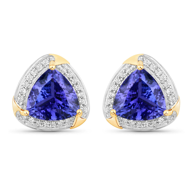 3.70 Carat Genuine Tanzanite and White Diamond 14K Yellow Gold Earrings