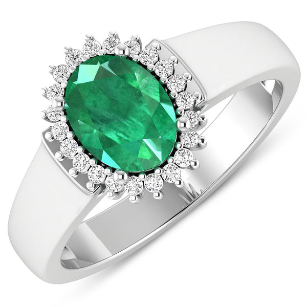 1.31 Carat Genuine Zambian Emerald and White Diamond 14K White Gold Ring