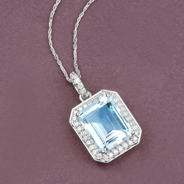 4.19 Carat Genuine Aquamarine and White Diamond 14K White Gold Pendant